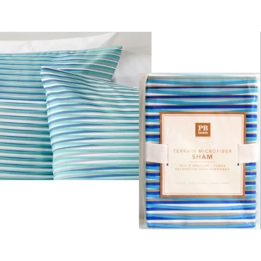 NEW PB Teen Standard PILLOW CASE Blue White Striped Organic Terrain Microfiber